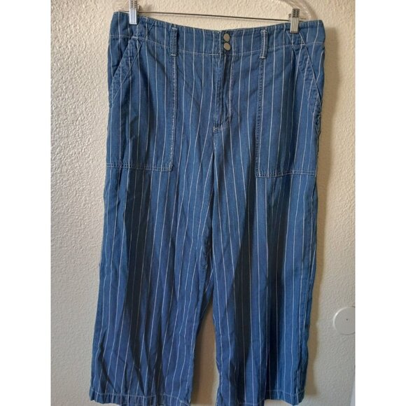 Seven7 Womens Pants 14 Pinstriped Wide Leg Cropped Chambray Patch Pocket Beachy - Picture 1 of 16